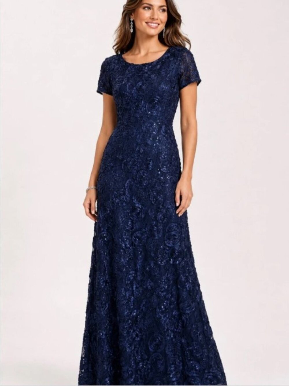 Alex Evenings Sequin Floral Lace Ribbon Rosette Round Neck Short Sleeve Gown 6